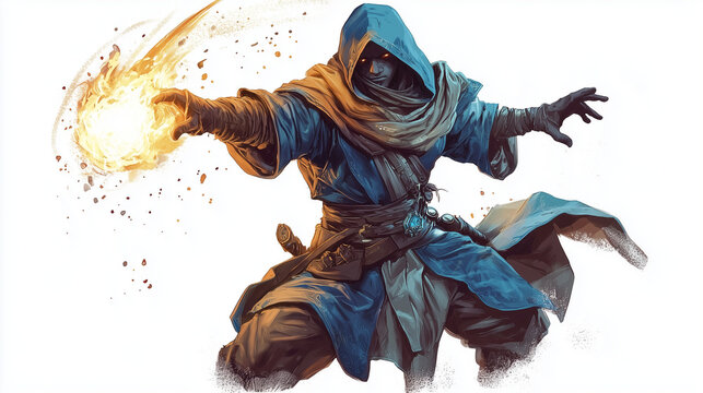 Hooded mage casting a fire spell in a dramatic pose, wearing a blue robe, glowing eyes, and magical ambiance