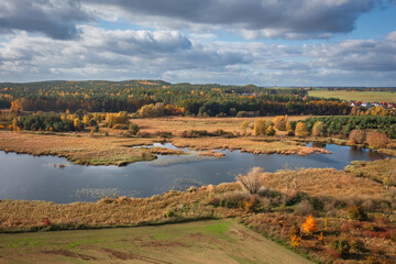 Aerial landscape of autumn lakes and forests in the Kociewie region, Poland.