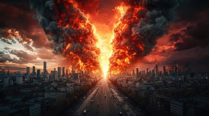 A fiery explosion is depicted in the middle of a city