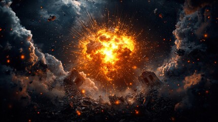 Obraz premium A fiery explosion in space with a lot of debris