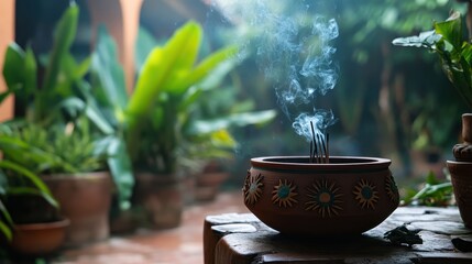 Tranquil Incense Burning in Earthenware Bowl, Serene Garden Setting