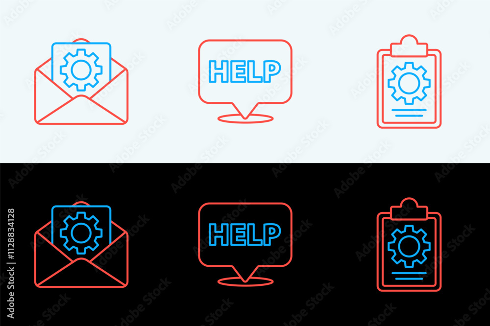 Poster set line checklist with 24 hours service, envelope setting and speech bubble text help icon. vector