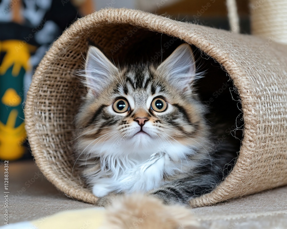 Wall mural A fluffy kitten peeks out from a burlap tunnel, displaying large eyes and a curious expression, surrounded by cozy indoor decor.