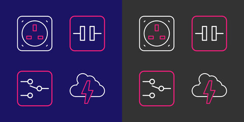 Set line Cloud and lightning, Switch electronic circuit, Electrolytic capacitor and Electrical outlet icon. Vector