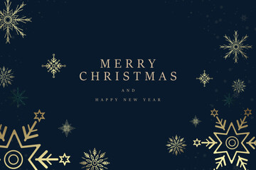 A Happy New Year banner with premium frame for Christmas, Happy New Year vector design. A banner of premium Christmas concepts, gold snow flakes on dark blue background