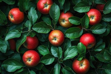 Obraz premium Lush green leaves surround clusters of ripe red apples, creating a vibrant display typical of late summer in an orchard. The fruits glisten under natural light, indicating freshness.