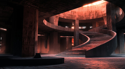 Atmospheric view of a spiral staircase in a dimly lit industrial space, illuminated by vivid red light