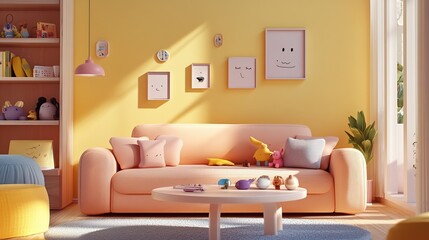 Obraz premium Cozy living room with playful decor and cheerful artwork.
