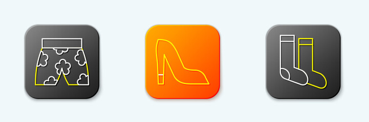 Set line Swimming trunks, Woman shoe and Socks icon. Vector