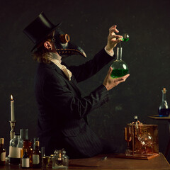 Plague doctor pouring glowing liquid into flask, blending science fiction with historical themes in...