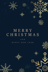 Happy New Year vector design. A banner of premium Christmas concepts, gold snow flakes on dark blue background. Luxury snow flakes frame for Christmas 