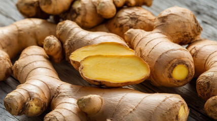 Fresh ginger roots displayed on a rustic wooden surface, highlighting their unique textures and vibrant yellow interior.