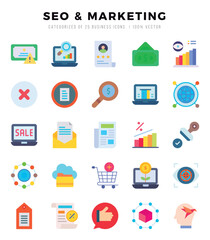 SEO & MARKETING Flat icons collection. 25 icon set in a Flat design.