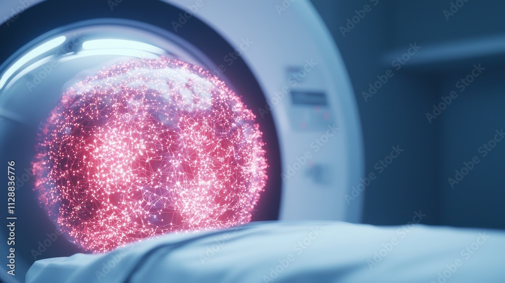 Poster conceptual visualization of ai algorithms represented as a digital sphere in scanning device