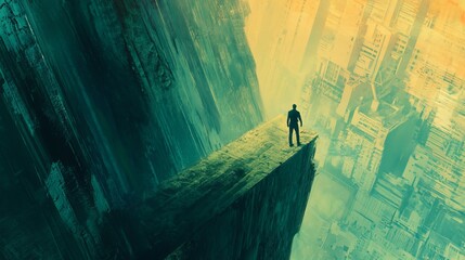 A businessman takes a bold leap of faith, traversing a perilous chasm in pursuit of growth and success. 