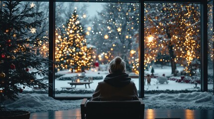 Fototapeta premium Back view of lonely old woman sitting alone at nursing home, Christmas time. Christmas Eve snowfall, New Year's background outside