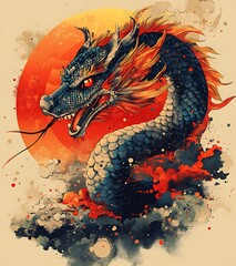 Dragon with Orange and Black Flames.

