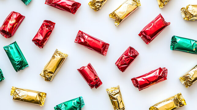 Assorted colorful foil-wrapped candies scattered on a white background. Red, gold, and green wrappers create a festive pattern. Perfect for holidays or celebrations. - Powered by Adobe