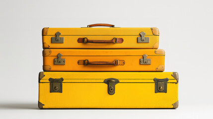 Two bright yellow vintage suitcases stacked against a turquoise background. This vibrant image features two stacked vintage-style suitcases in a bold, sunshine yellow against a cool turquoise backgrou