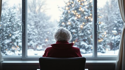 Back view of lonely old woman sitting alone at nursing home, Christmas time. Christmas Eve snowfall, New Year's background outside
