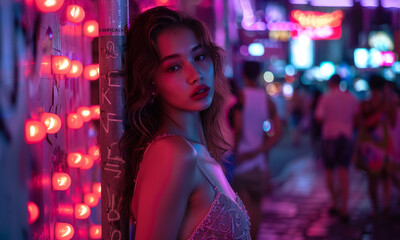 Fototapeta premium beautiful sexy asian woman in tank top in nightlife club full moon party neon light dark hot babe