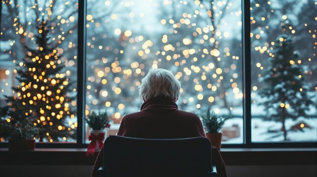 Back view of lonely old woman sitting alone at nursing home, Christmas time. Christmas Eve snowfall, New Year's background outside
