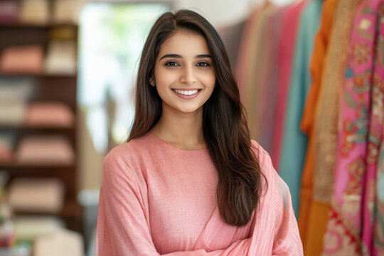 young indian fashion designer women standing at store