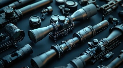 An assortment of tactical rifle scopes and accessories