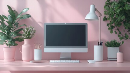 Pink Desk Workspace Setup Computer Plants Minimalist Design