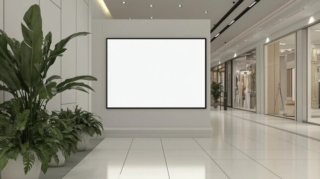 Large blank mockup billboard mounted on wall in modern shopping mall white tiled floors potted plants and track lighting	