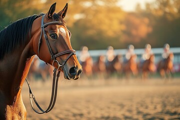 Obraz premium Brown horse portrait with blurred horses in background