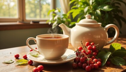 Warm cup of rosehip tea with a teapot and fresh rosehips on a wooden table in a cozy setting