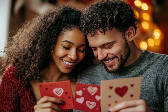 Couple enjoys reading heartfelt Valentine's Day cards in cozy setting