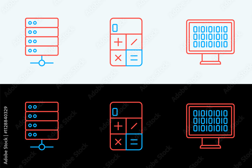 Poster set line binary code, server and calculator icon. vector