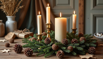 Charming candle arrangement with pinecones and stars on a rustic wooden table