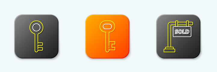 Set line House key, and Hanging sign with Sold icon. Vector