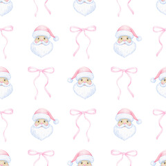 Santa Claus, bow. Watercolor seamless pattern in pastel colors. Cute cartoon illustration for textile and paper for Christmas