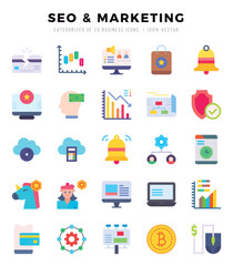 SEO & MARKETING Flat icons collection. 25 icon set. Vector illustration.