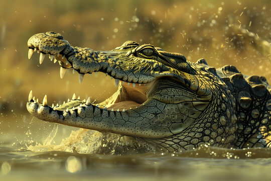 A crocodile attacking with open jaws in the water.