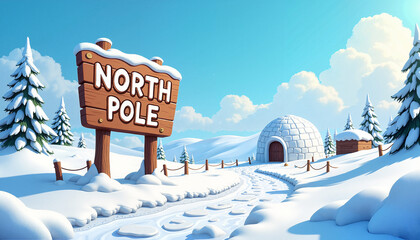 Playful North Pole sign with an igloo and snowy hills under a bright blue sky