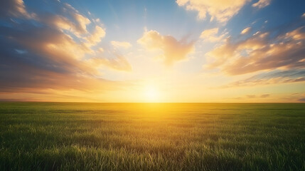 A vast field under a sky filled with dramatic cumulus clouds glowing in golden sunset light.