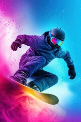 A man is snowboarding down a hill with a colorful background