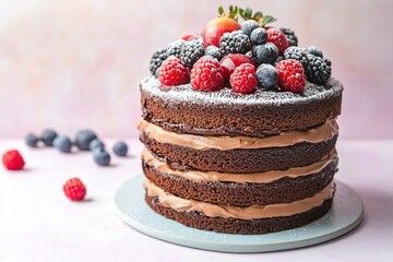 Multi-layer chocolate cake with berries and cream filling.