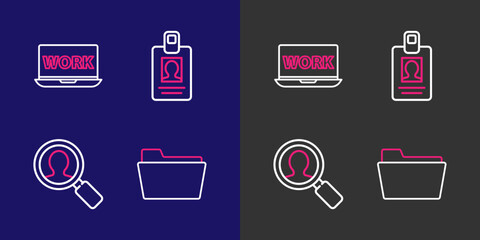 Set line Document folder, Magnifying glass for search people, Identification badge and Laptop with text work icon. Vector