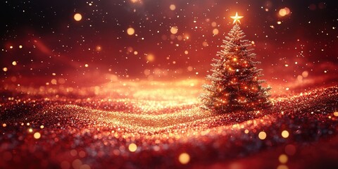 Naklejka premium Christmas Tree with Bokeh, Red & Gold Backdrop for Holiday Marketing