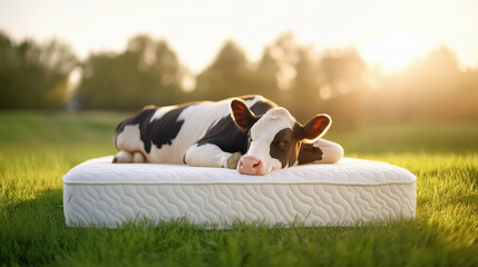 dairy cow lying on thick white memory foam mattress
