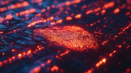 Glowing fingerprint on a circuit board.