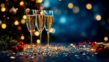 banner to honor  Two champagne glasses on a dark blue backdrop featuring a Christmas tree adorned with bokeh lights, confetti, glitter, and sparkles. Concept for a Christmas event with text copy space