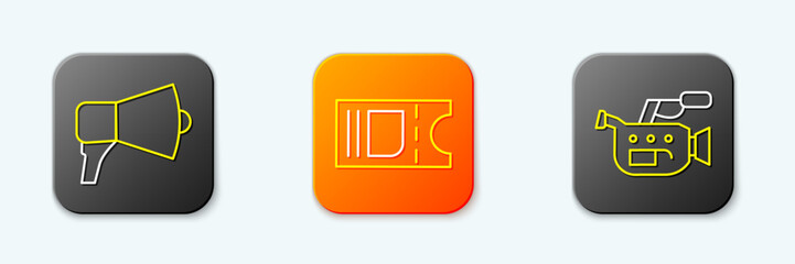 Set line Megaphone, Cinema ticket and camera icon. Vector