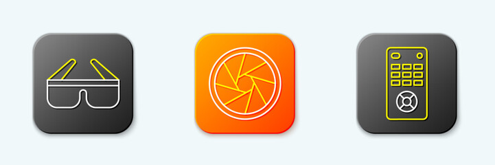 Set line 3D cinema glasses, Camera shutter and Remote control icon. Vector